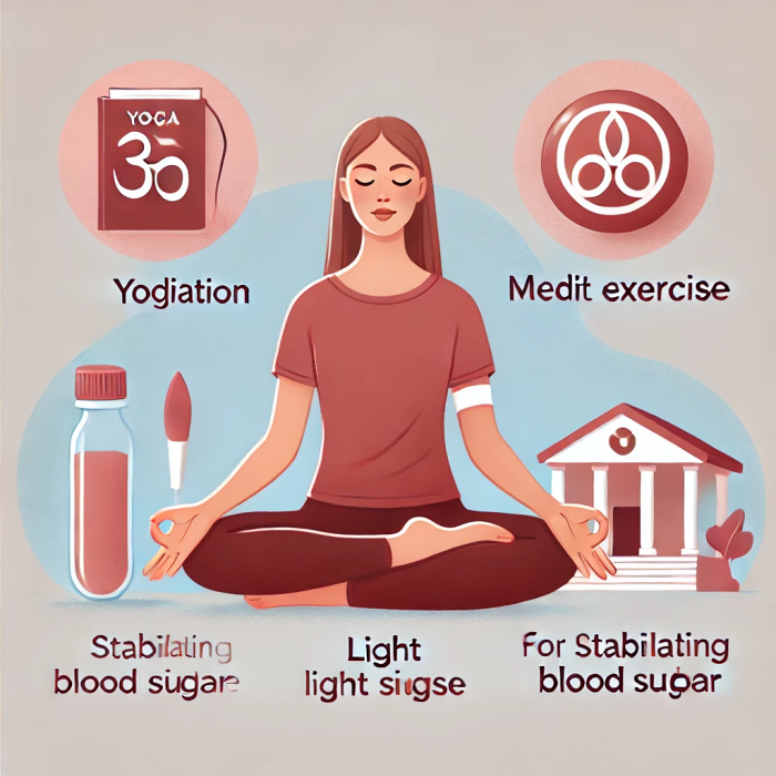 혈당 안정화를 위한 요가, 명상, 가벼운 운동 방법을 담은 일러스트.