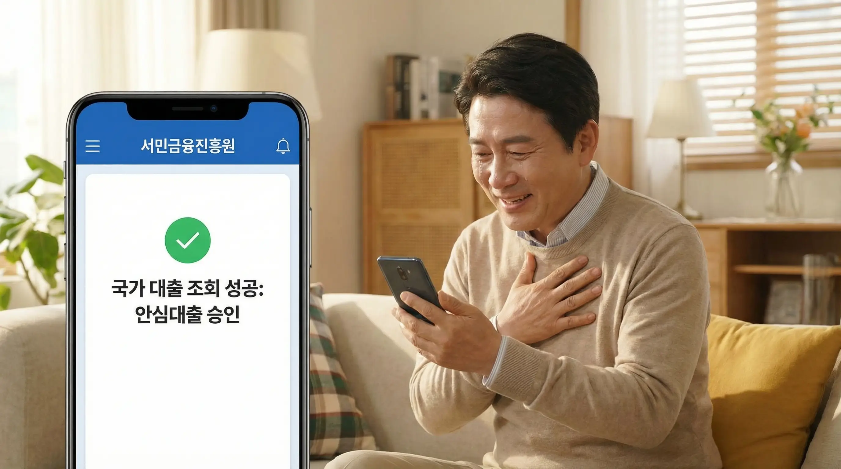 서민금융진흥원 앱을 통해 안전하게 국가 대출을 조회하고 자금 문제를 해결하여 안도하는 모습