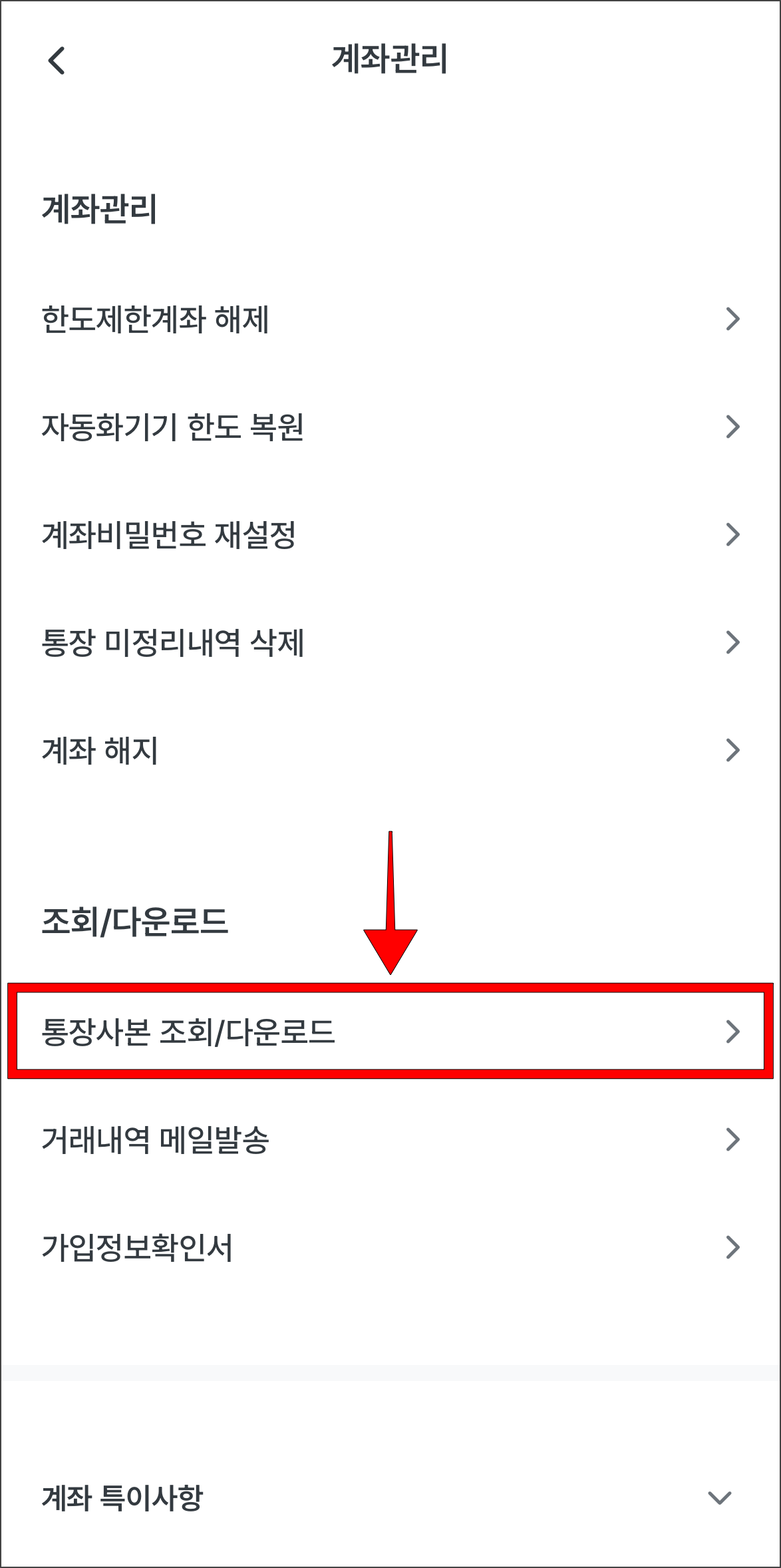 계좌관리에서 '통장사본 조회/다운로드'를 선택