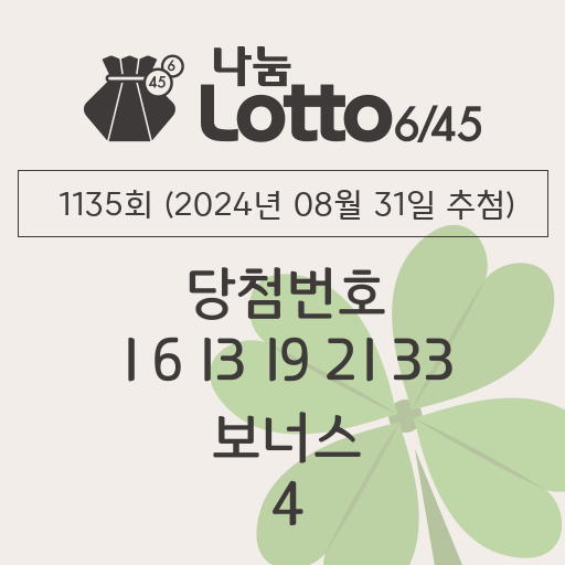 로또당첨번호조회 1135회 (2024년 08월 31일 추첨) 1등 당첨 번호 1 6 13 19 21 33 보너스 4, 1등 당첨 판매점 동행복권 로또645