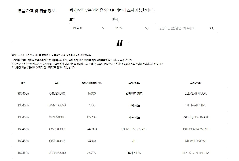 렉서스-부품가격조회