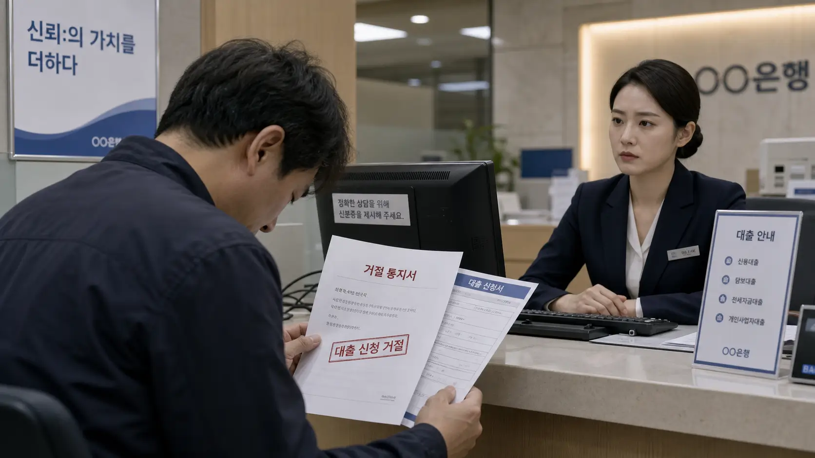 한국의 은행 창구에서 실직한 40대 남성이 거절 통지서와 대출 서류를 쥔 채 고개를 떨구고 있는 모습과 단호한 표정의 은행원