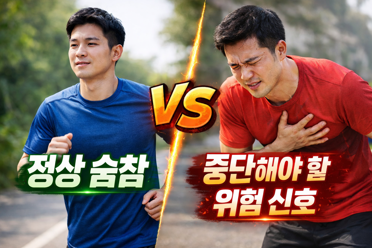정상 숨참과 중단해야 할 위험 신호를 대비해 보여주는 이미지, 한쪽은 가볍게 달리는 남성, 다른 한쪽은 가슴을 잡고 힘들어하는 남성 모습