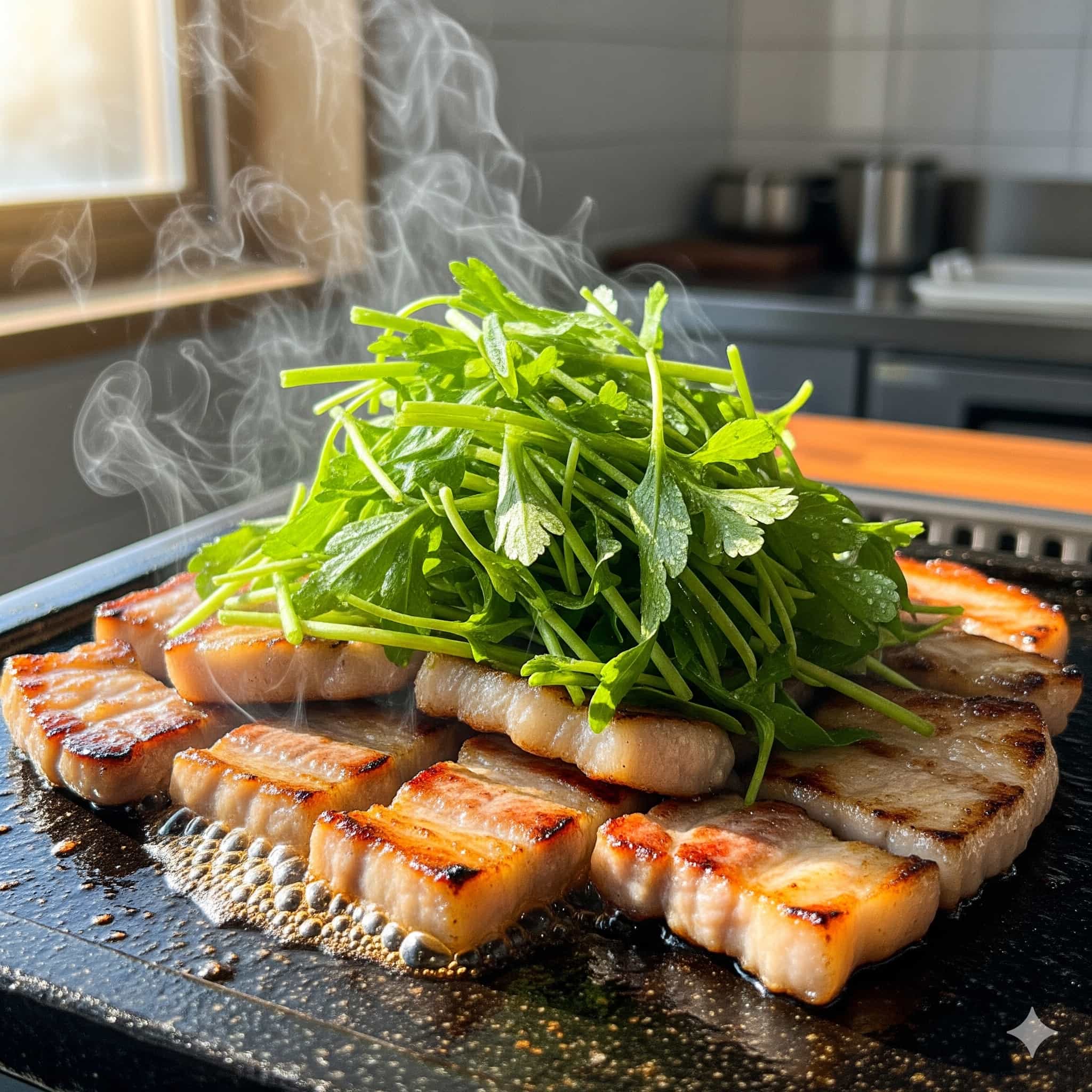 불판 위에서 노릇하게 익어가는 삼겹살과 봄 미나리 구이