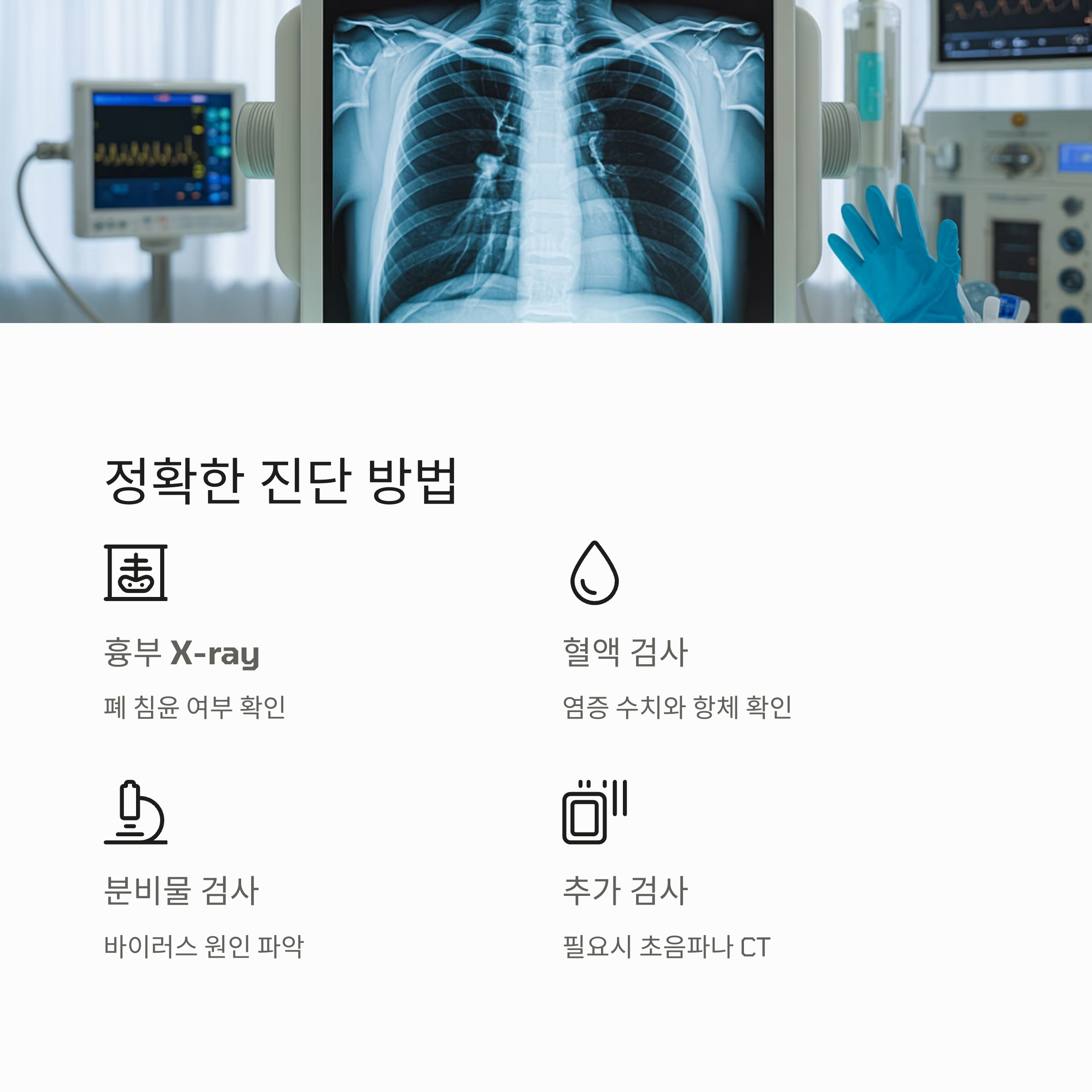 흉부 엑스레이, 혈액 검사, 분비물 검사, 추가 검사 등을 통한 소아 폐렴 진단 방법을 안내하는 인포그래픽 이미지
