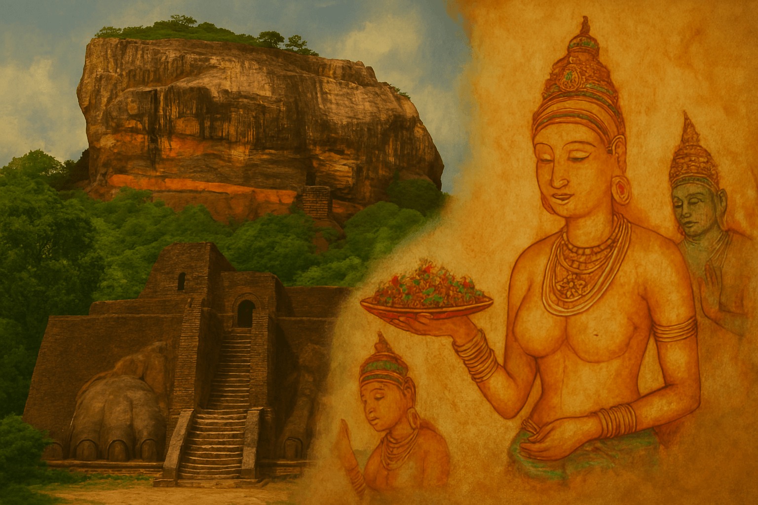 푸른 숲 위로 솟아오른 거대한 바위 요새 시기리야와, 그 벽면에 섬세하게 그려진 고대 여인들의 프레스코 벽화. 스리랑카 고대 왕국의 예술성과 역사를 보여준다.