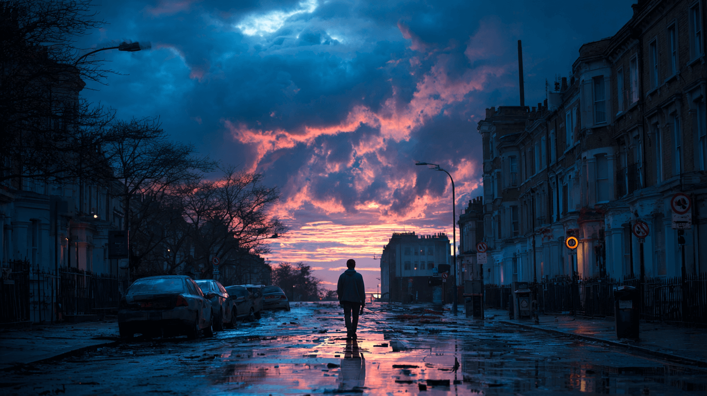 황폐해진-도시를-걷고-있는-사람의-뒷모습