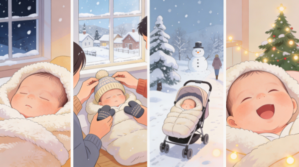 겨울철 신생아 출산 준비 가이드, 보온과 위생을 고려한 아기 외출복 및 일상 관리 팁 일러스트