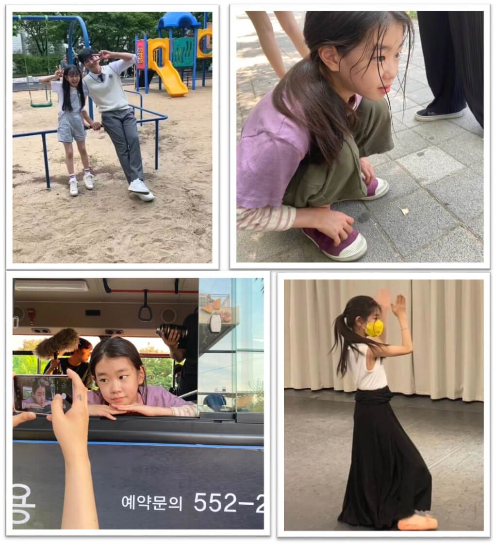아역배우 박소이가 이번 생도 잘 부탁해 촬영장에서 찍은 사진 4개를 모아놨다. 놀이터, 바닥에 앉아있는 사진, 버스 안에서 셀카를 찍는 사진, 플라멩코 연습중인 사진이 모여있다.