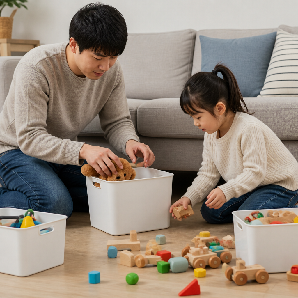 부모와 아이가 거실에서 장난감을 함께 정리하는 모습