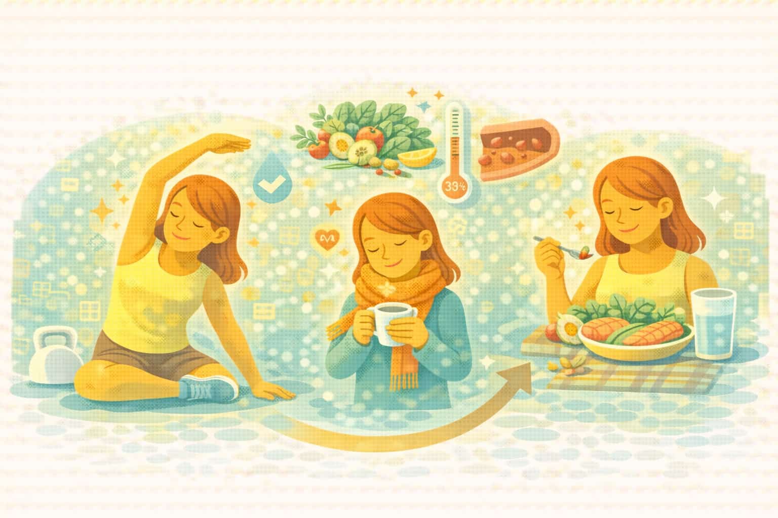 스트레칭, 체온 유지, 혈류 개선 식단으로 혈액순환을 관리하는 여성의 일러스트