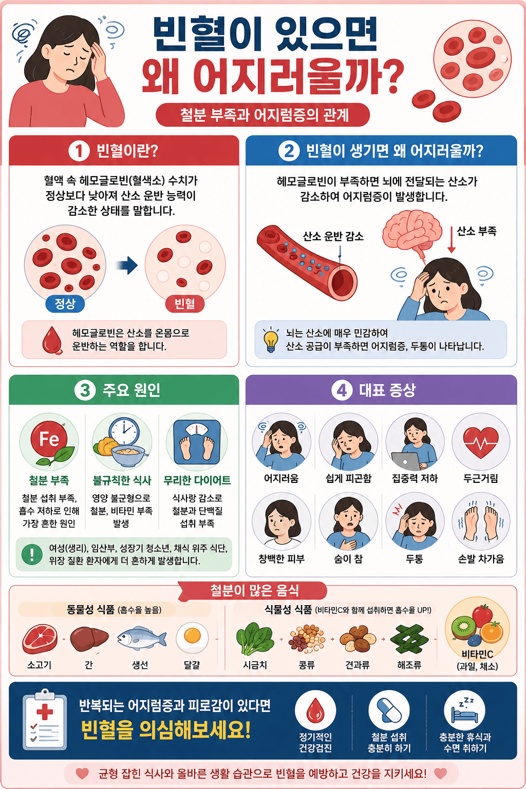빈혈이 어지럼증을 유발하는 원인과 증상, 예방 방법을 설명하는 건강 인포그래픽