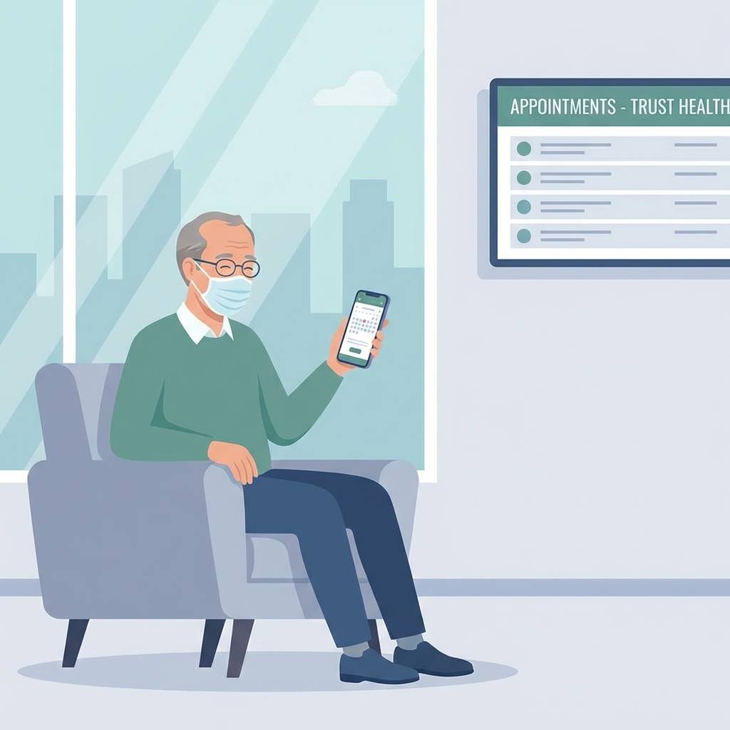 현대적인 병원 대기실에서 스마트폰으로 검진 예약을 확인하는 한국인 중년 남성, 신뢰감 있고 차분한 병원 인테리어, 벡터 일러스트 스타일