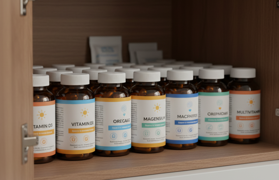 다양한 비타민과 영양제가 약장 속에 정리되어 있는 모습