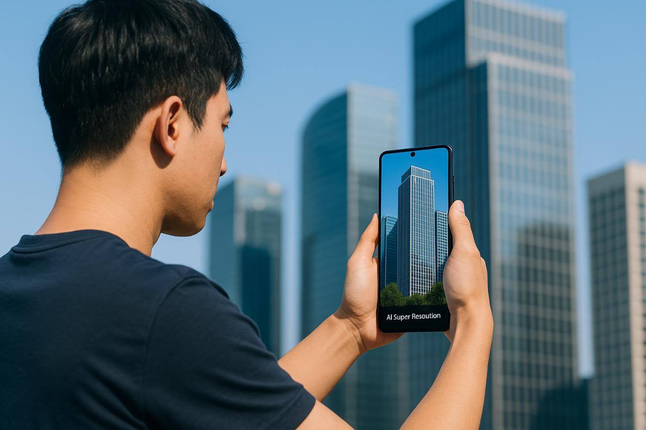 AI 초고해상도 기능으로 도시를 촬영하는 장면