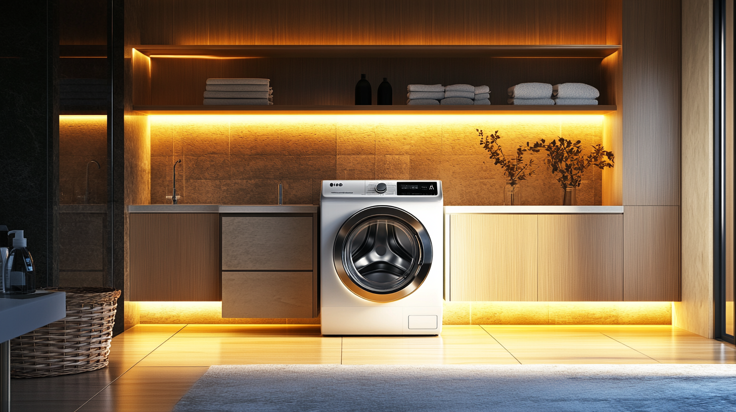 비스포크 그랑데 AI 세탁기 WF21D17CWWC가 세련된 디자인과 큰 드럼 용량을 자랑하는 넓고 현대적인 세탁실의 모습