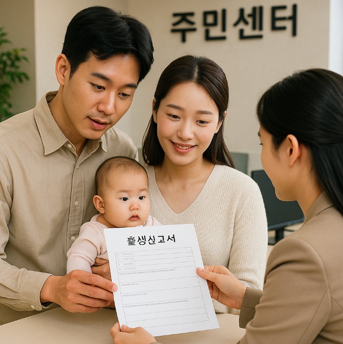 출생신고를 마친 후 주민센터에서 서류를 확인하고 있는 가족의 모습