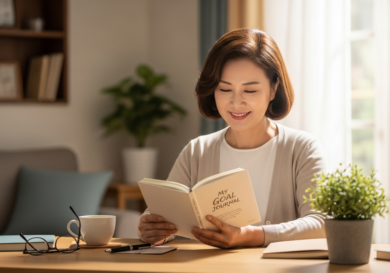 50대 한국인 여성이 목표 일지를 읽으며 미소 짓는 모습