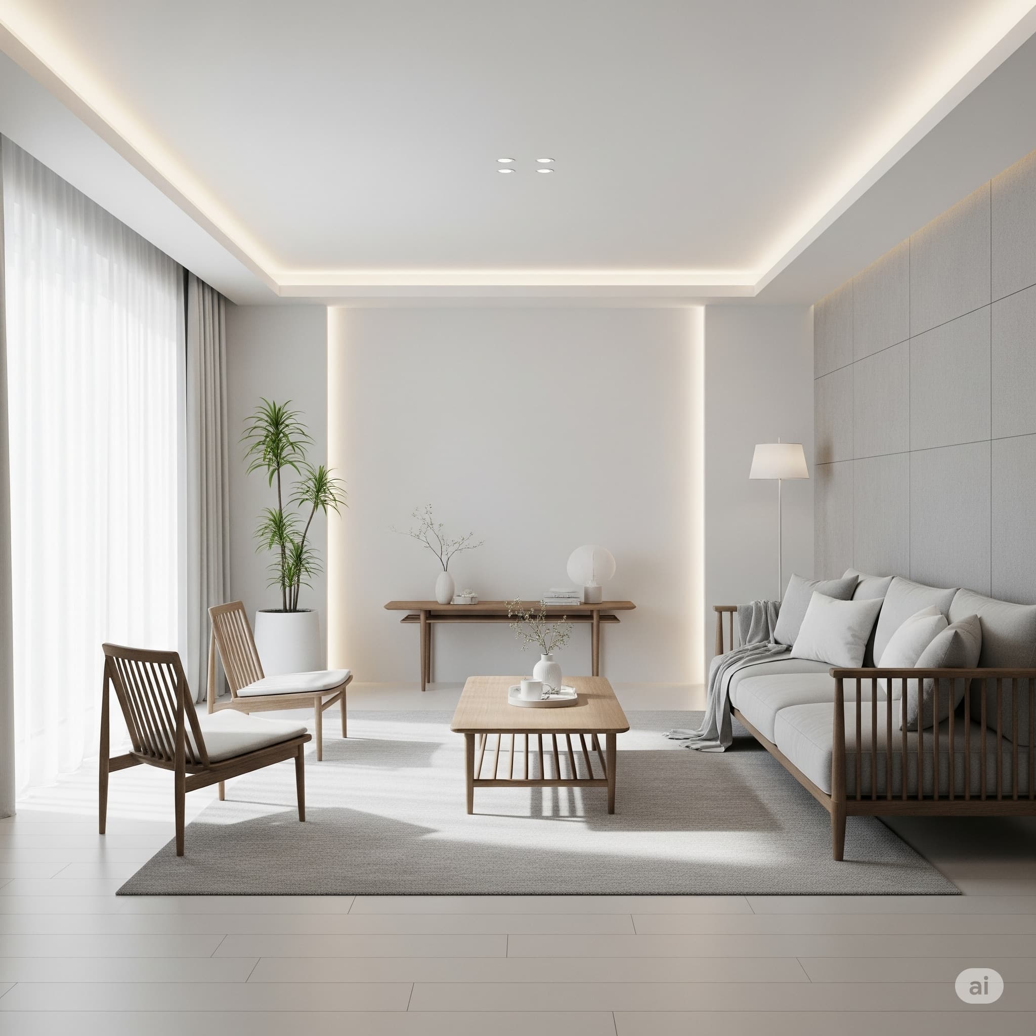 &ldquo;화이트와 그레이톤의 거실, 창가로 들어오는 자연광, 깔끔하게 정돈된 원목 가구, 부드러운 간접조명 &ndash; 미니멀 인테리어 스타일&rdquo;