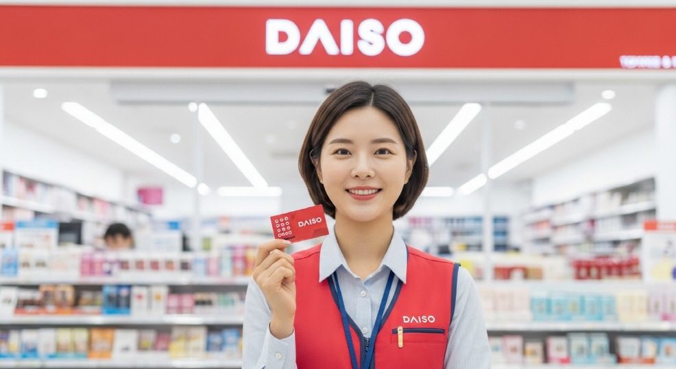 카드를 들고 다이소 앞에 선 직장인 여성