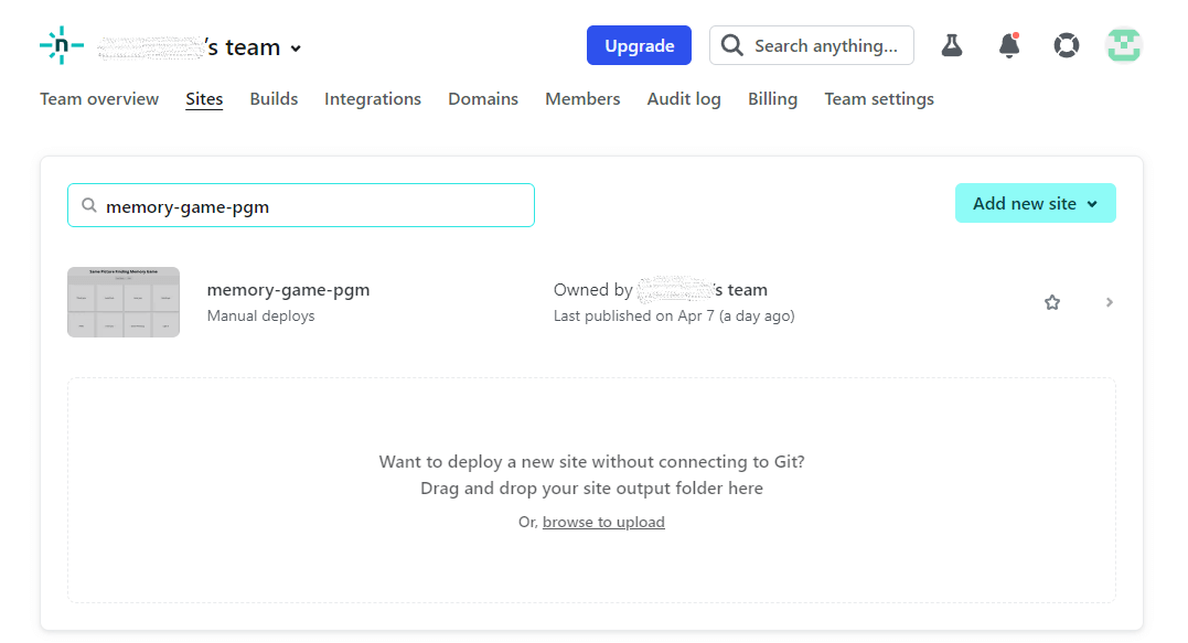 네트리파이(Netlify) Sites 화면