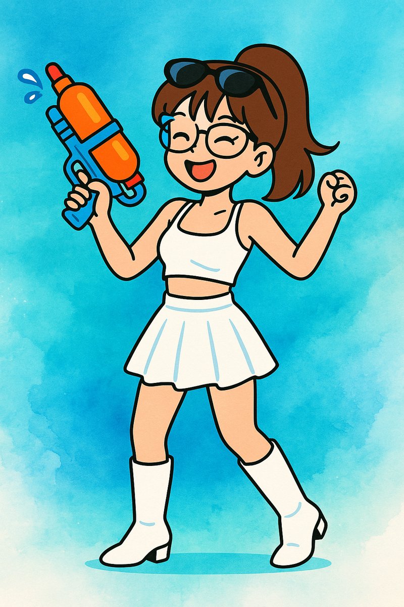 흰색 크롭탑과 흰색 스커트, 흰색 부츠를 착용하고 물총을 든 채 환하게 웃고 있는 헤롱이. 머리에는 선글라스를 올리고 시원한 파란 물빛 배경 앞에서 즐거워하는 모습