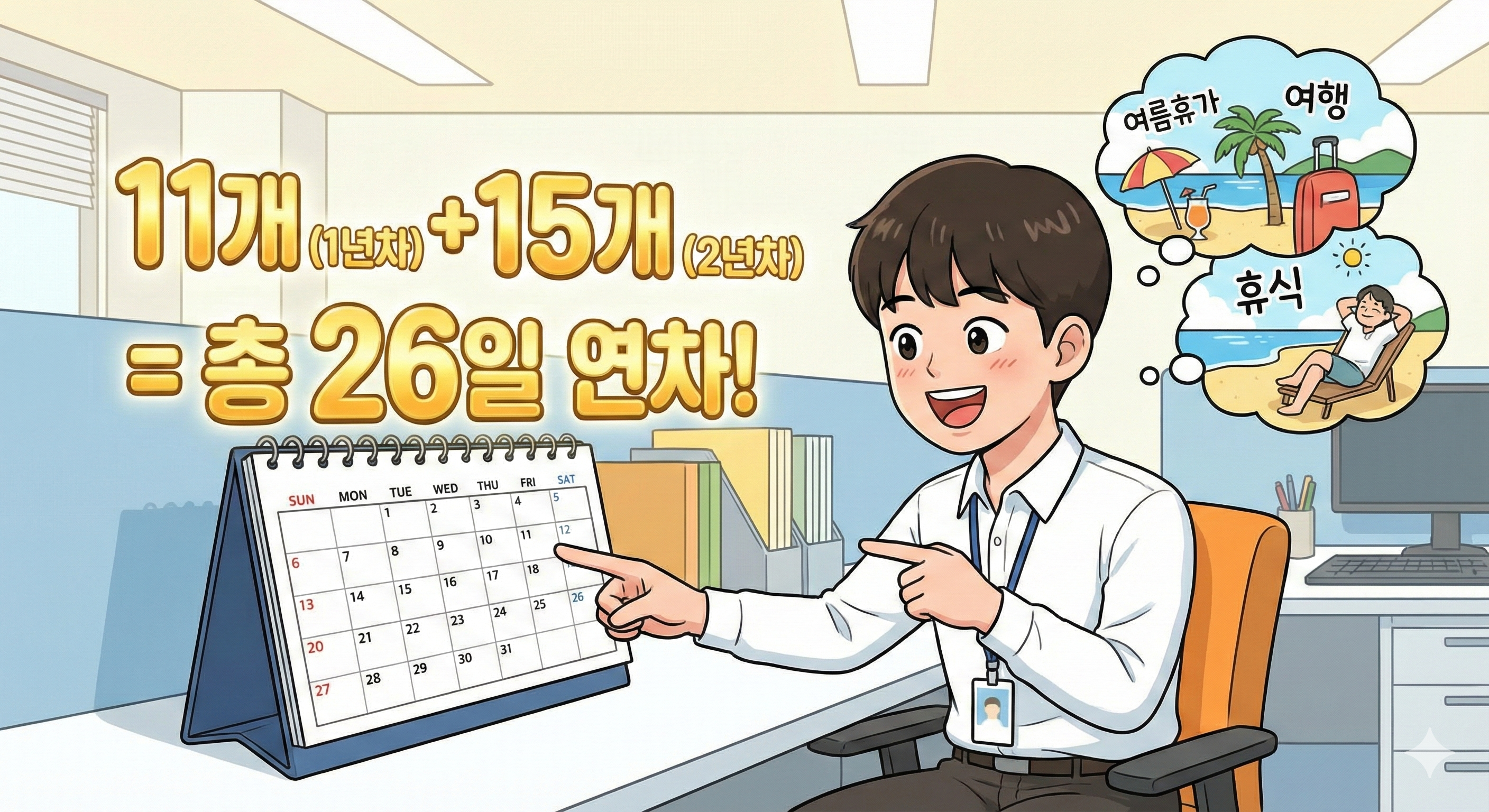 2026년 신입사원 연차 발생 기준 일러스트. 사무실 책상에 앉은 신입사원이 달력을 가리키며 웃고 있고, 달력 위로 황금색으로 빛나는 '11개(1년차) + 15개(2년차) = 총 26일 연차!' 문구가 떠 있다. 머리 위 말풍선에는 여름휴가, 여행, 휴식을 즐기는 모습이 그려져 있다.