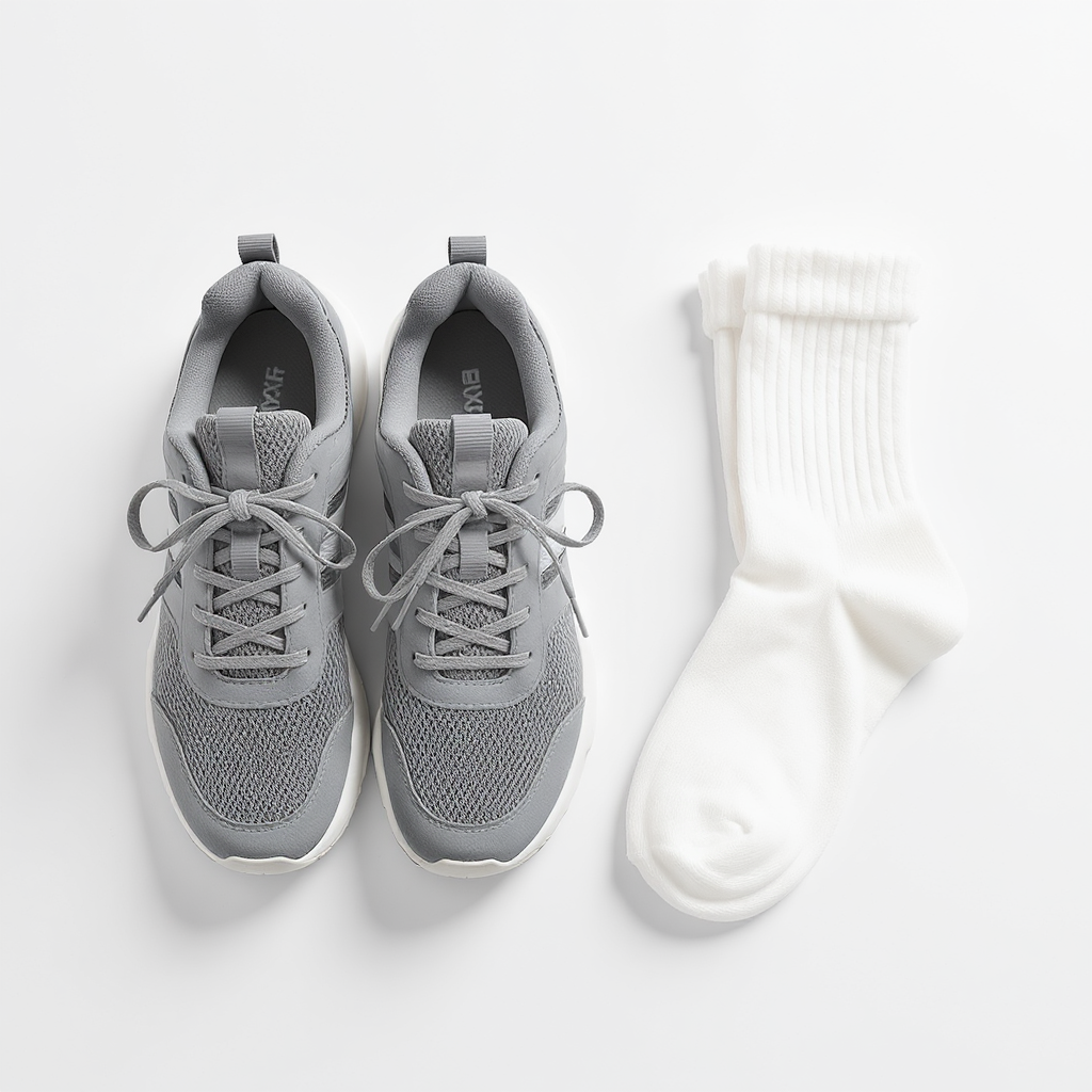[이미지 3: 편안하고 잘 맞는 운동화와 부드러운 면 양말이 깔끔하게 놓여있는 이미지]