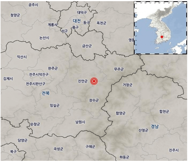 지진 발원지_전북 진안군(좌), 전남 고흥군(우)_출처: 기상청