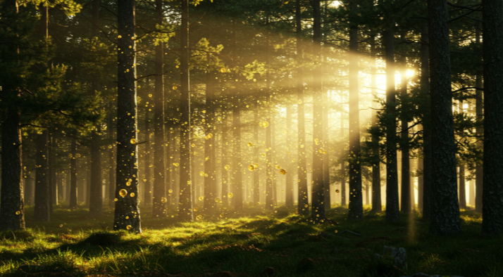 울창한 소나무 숲 사이로 스며드는 황금빛 햇살과 함께 떠다니는 향기 분자들