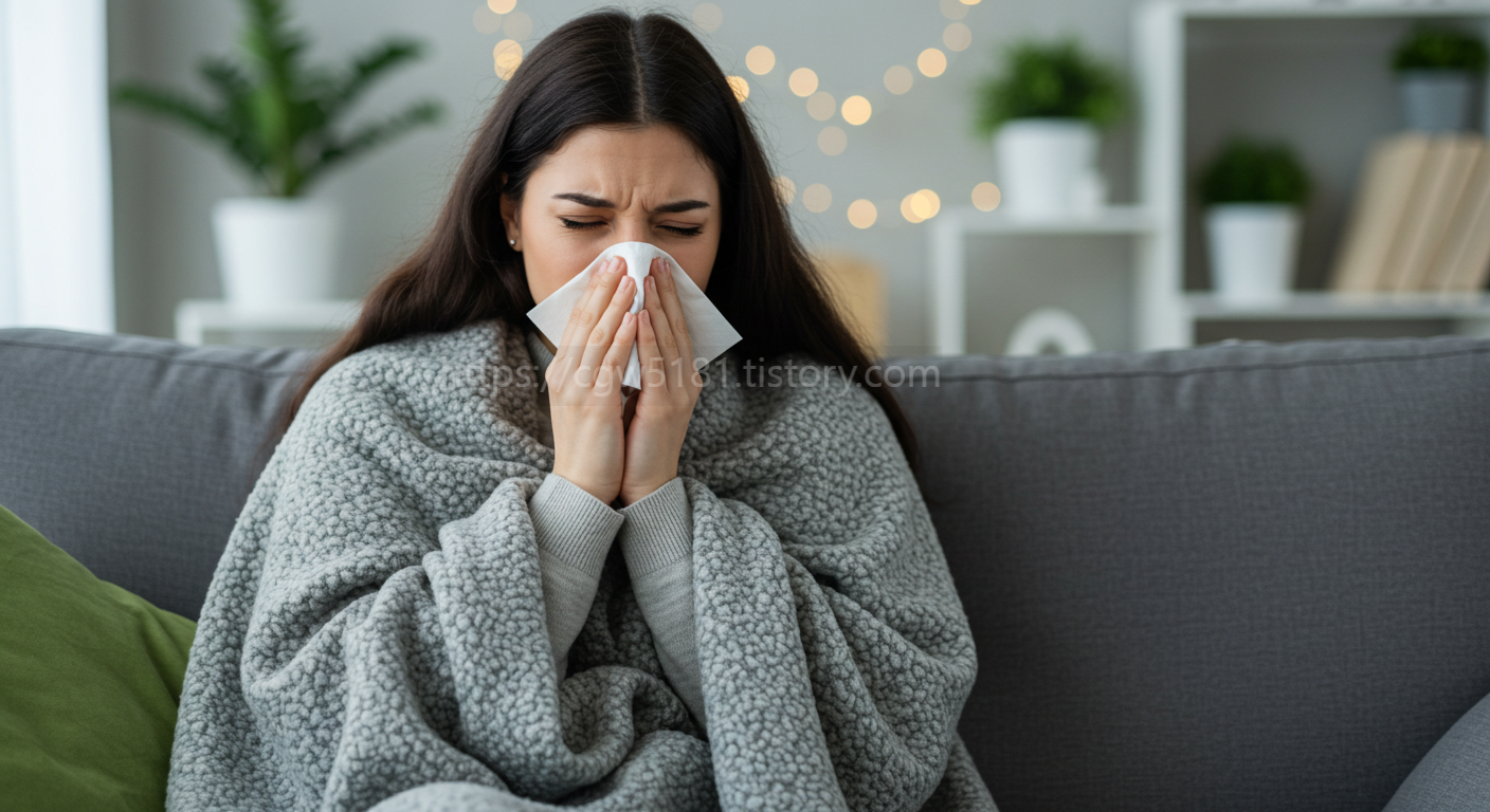 환절기 감기에 걸린 여성이 코를 풀고 있는 모습
