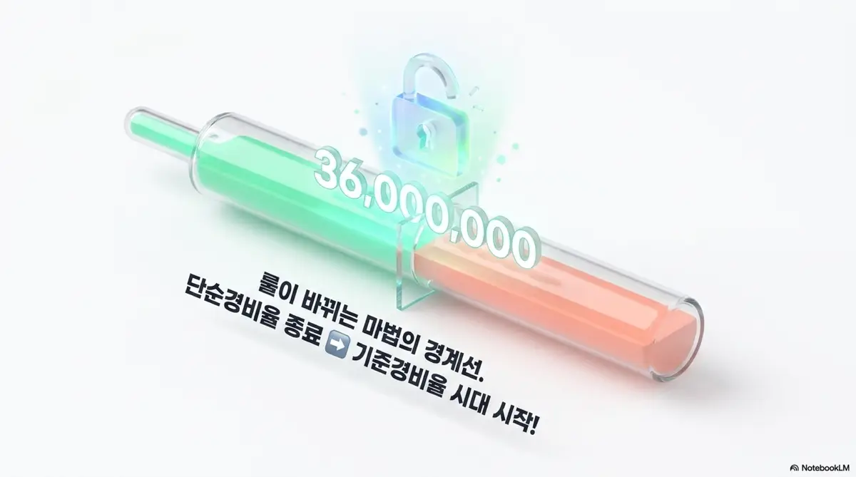 종소세 단순경비율 기준경비율: 직전연도 수입 3,600만 원을 기준으로 단순경비율이 종료되고 기준경비율로 전환되는 경계선을 자물쇠와 게이지바로 표현한 이미지. 경비율 전환 시점이 세금 부담의 갈림길임을 시각적으로 전달하며 단순경비율 기준경비율 차이의 핵심 기준을 설명함