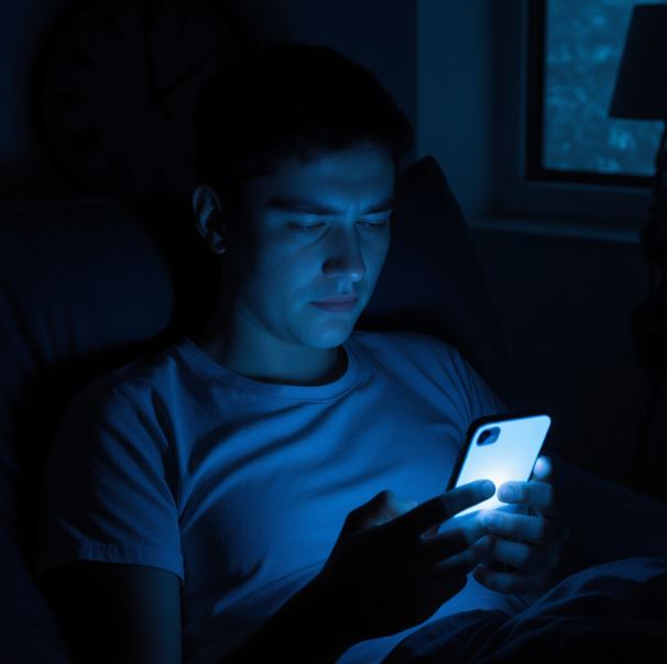 어두운 방에서 침대에 앉아 스마트폰을 보고 있는 사람의 모습