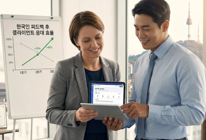 사무실 화이트보드 앞에 선 동료와 '한국인 피드백 후 클라이언트 응대 효율'이 1분기 대비 3분기에 40% 이상 상승한 그래프를 확인하며 미소 짓는 모습