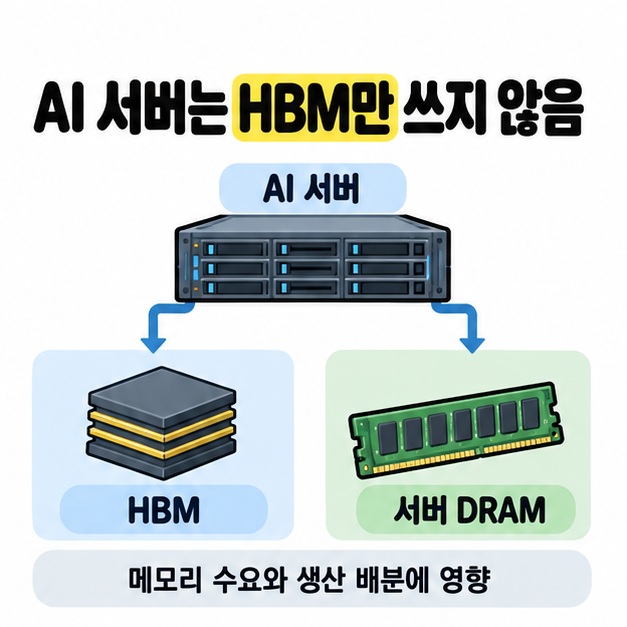 AI 서버에서 HBM과 서버 DRAM으로 갈라지는 그림으로 두 메모리를 함께 사용하며 메모리 수요와 생산 배분에 영향을 준다는 설명 도식