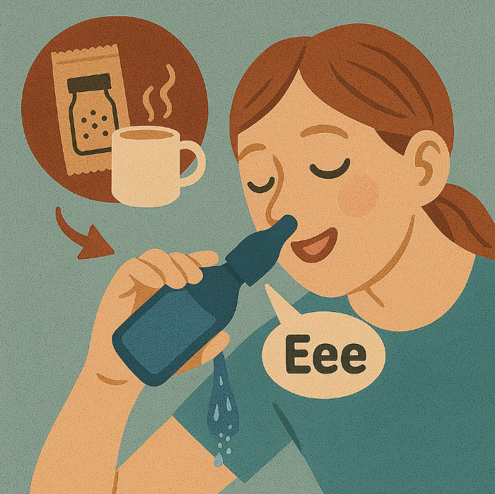 식염수 코세척 올바른 방법 – 고개 숙이고 '이~' 소리 내며 세척하는 여성 일러스트