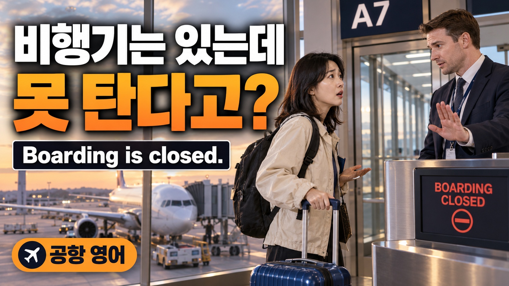 비행기가 보이는 A7 게이트에서 탑승 마감 안내를 듣는 여행객과 손을 내미는 직원