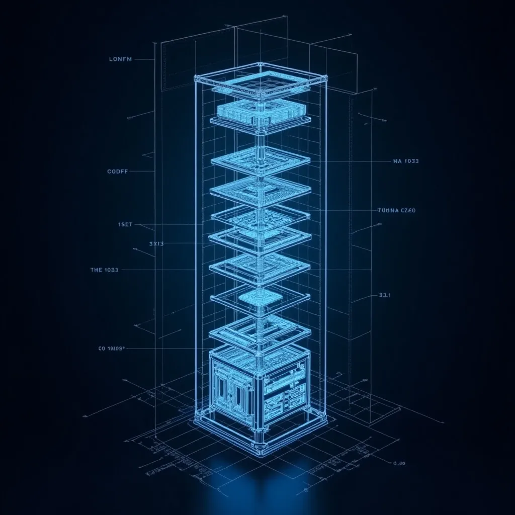 실시간 양자오류정정: 크라이오스탯(희석 냉동기) 구조를 층층이 펼친 폭발도 설계도 이미지. 네이비 배경에 네온 시안 라인으로 정밀 부품을 표현한 고해상도 블루프린트&#44; 텍스트/라벨 없음 (dilution refrigerator cryostat exploded view&#44; neon-cyan blueprint&#44; technical drawing)