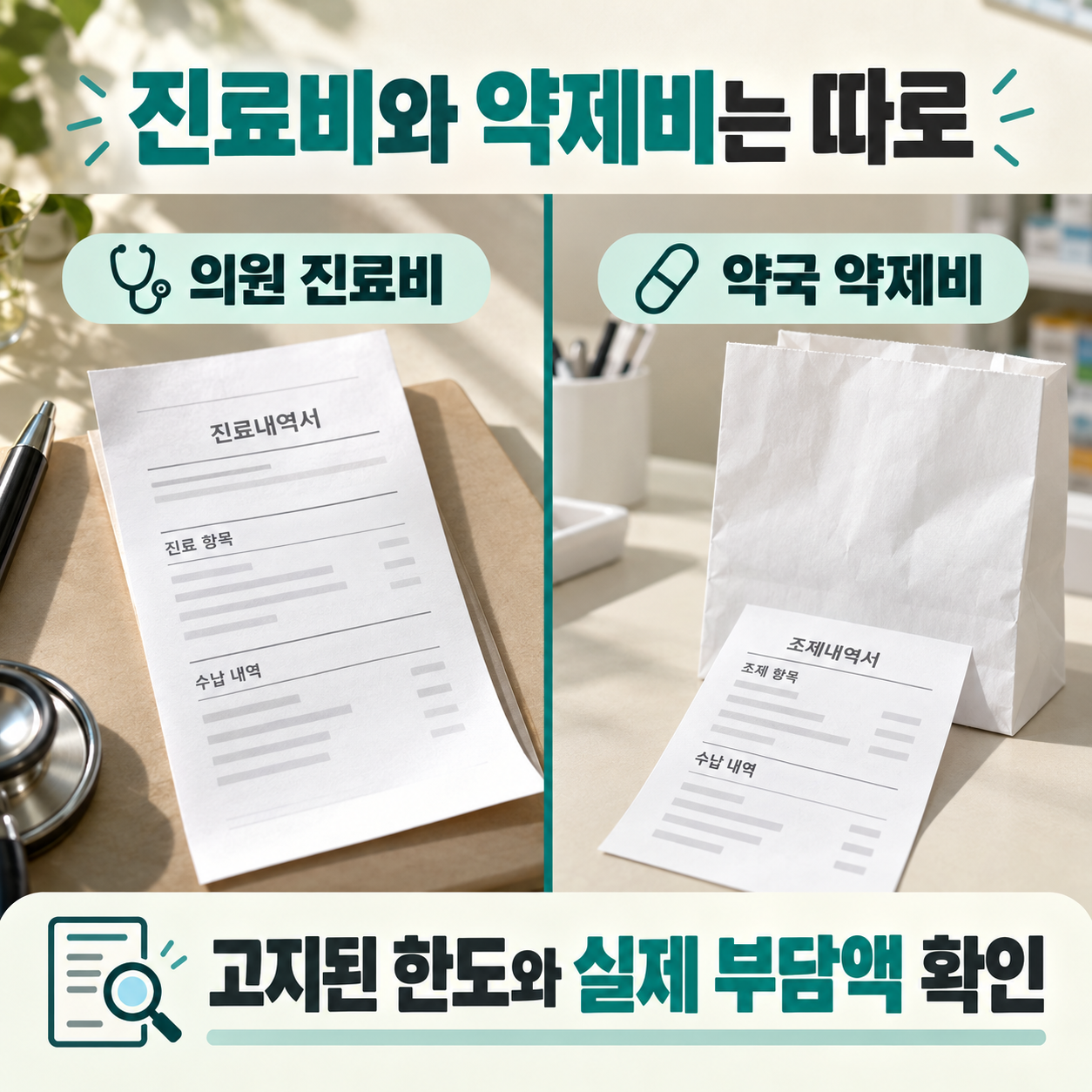 의원 진료비와 약국 약제비를 별도로 확인하는 실사 인포그래픽