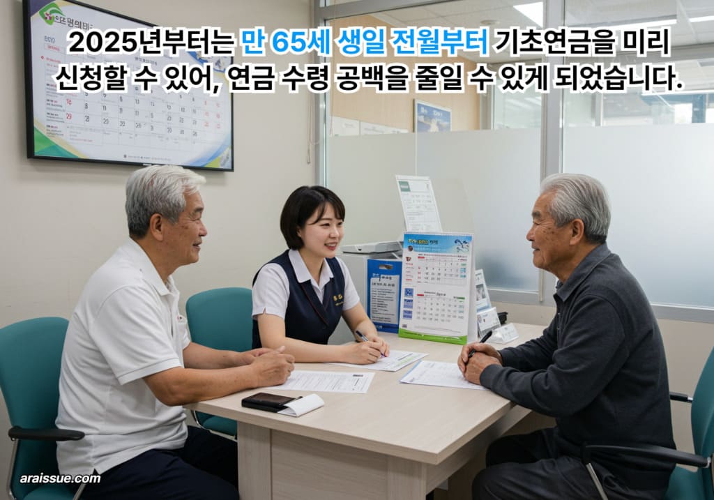 기초연금 사전 신청을 안내받는 65세 직전 노인의 모습