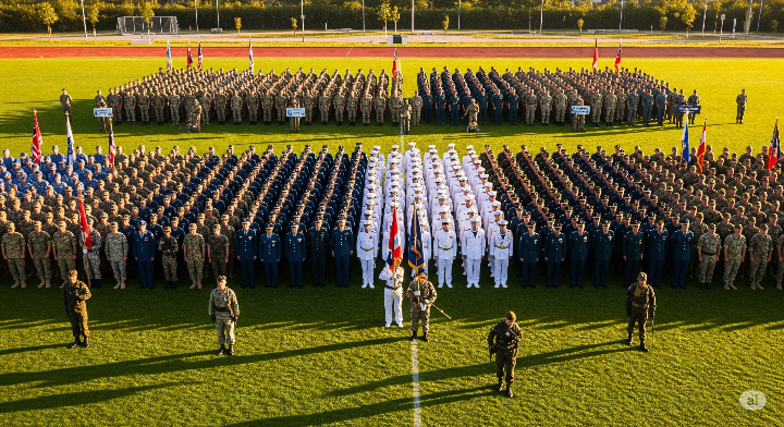 늠름한 모습의 한국군 장병들이 국군의 날 기념식에서 절도 있는 자세로 정렬해 있는 모습