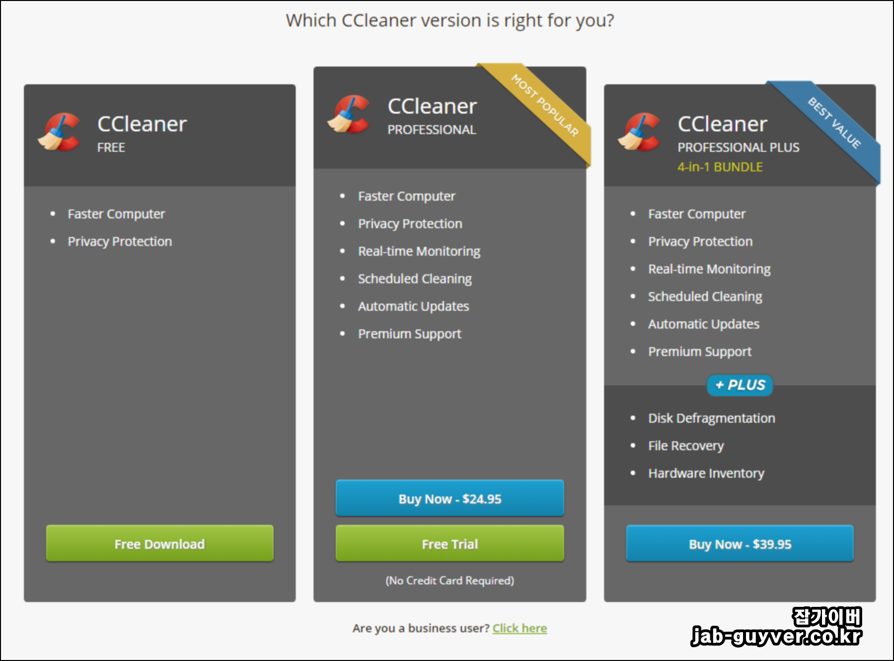 CCleaner 설치 시 버전 선택 화면(무료/유료 비교)