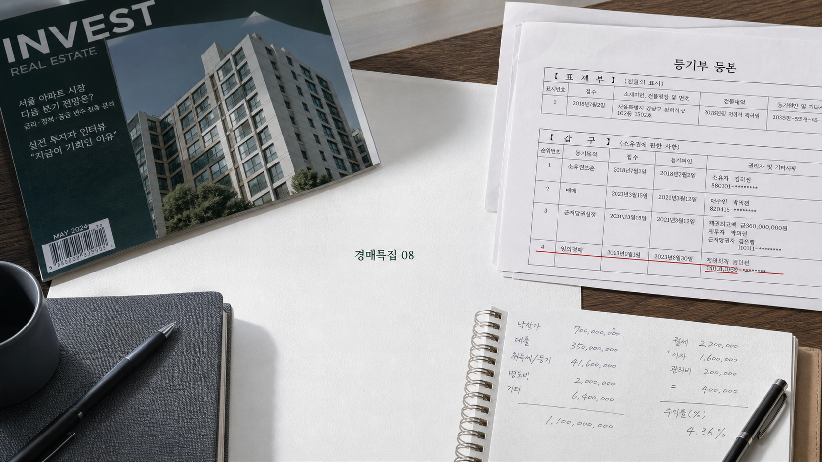 등기부등본, 빨간 줄 쳐져 있어도 쫄지 마세요의 핵심 확인 항목을 정리한 부동산 경매 안내 표지