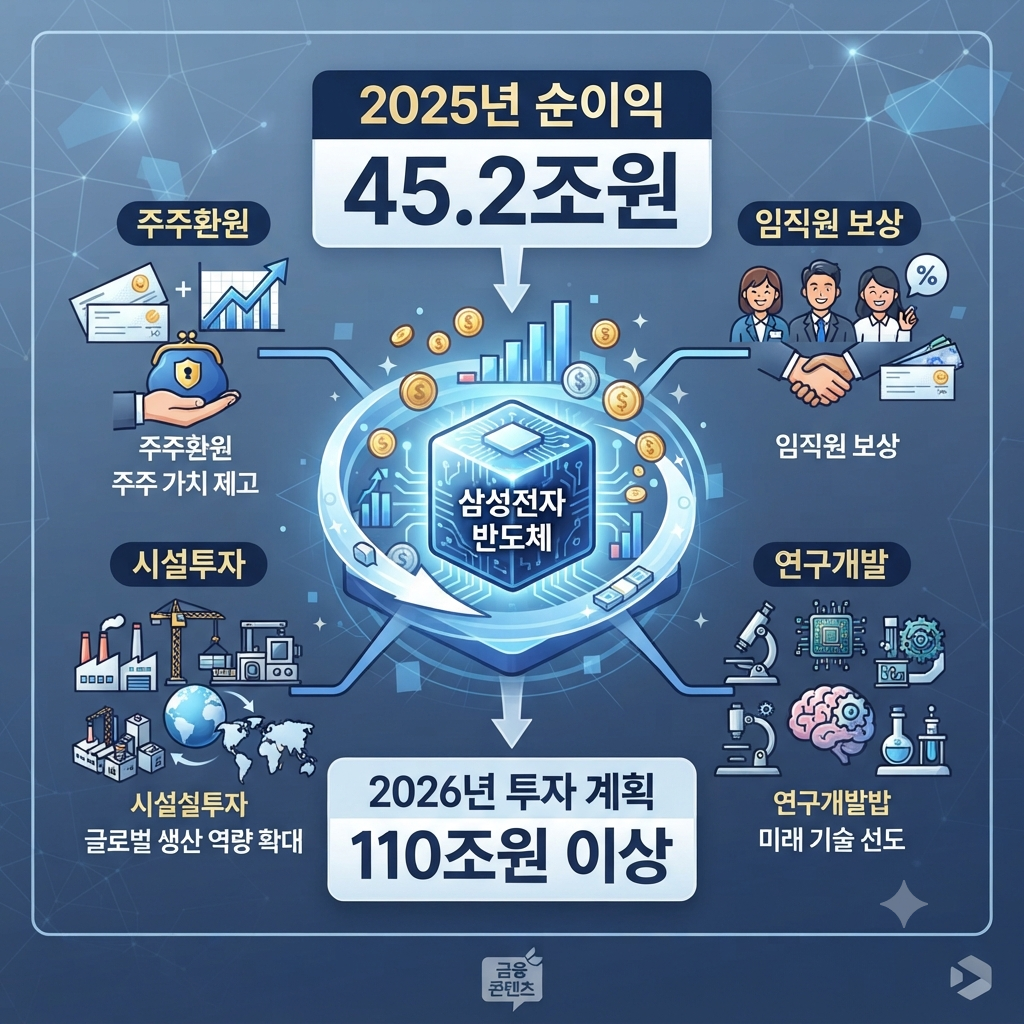 삼성전자 2025년 순이익 45조원과 직원 보상 및 미래 투자의 관계를 보여주는 인포그래픽