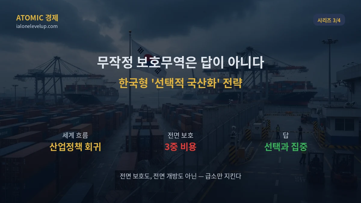 한국형 선택적 국산화 전면 보호도 전면 개방도 아닌 선택과 집중 관세 공급망 항구 컨테이너 2026 일러스트