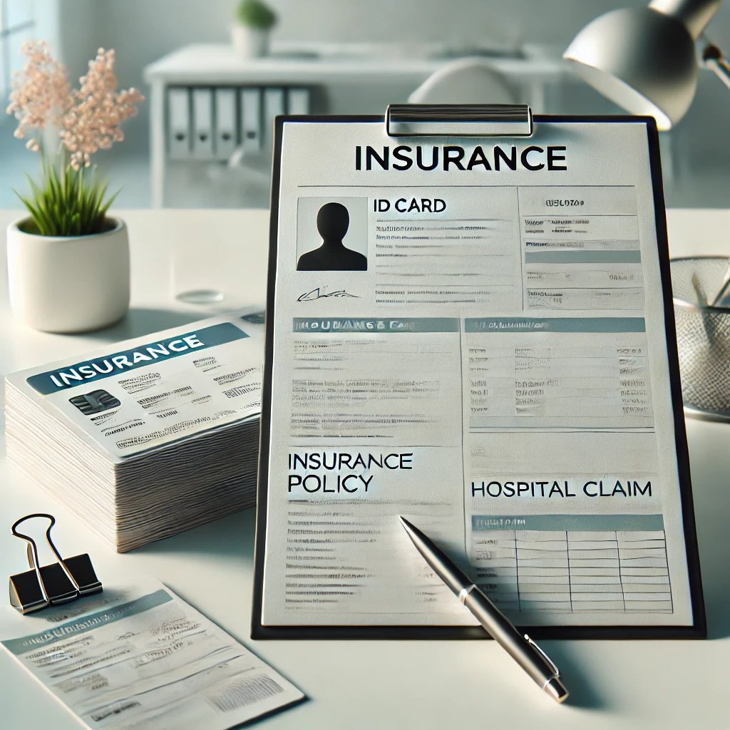 책상 위에 보험 관련 문서가 깔끔하게 정리되어 있는 모습. 문서에는 신분증, 보험 증권, 보험 청구서가 포함되어 있으며, 펜과 병원 영수증이 나란히 놓여 있음. 배경은 미니멀하고 자연광이 부드럽게 비치는 사무실 환경을 연출