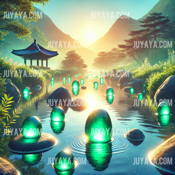 금빛으로 빛나는 옥 조각들이 강물 위를 따라 흐르는 평화로운 자연의 풍경