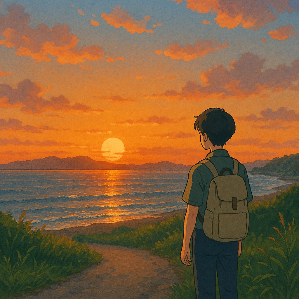 일몰을 바라보는 여행자 사진