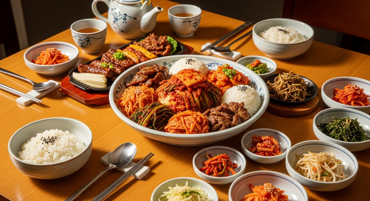 다양한 김치로 만든 반찬과 하얀 쌀빕이 테이블 위에 차려져 있습니다. 눈으로만 봐도 건강해 지는 느낌이 듭니다.