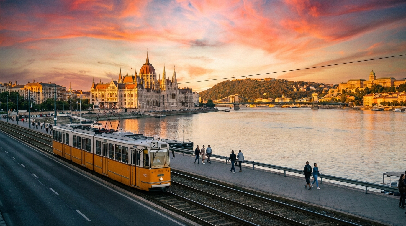 부다페스트 다뉴브강 너머로 보이는 국회의사당과 세체니 다리 전경